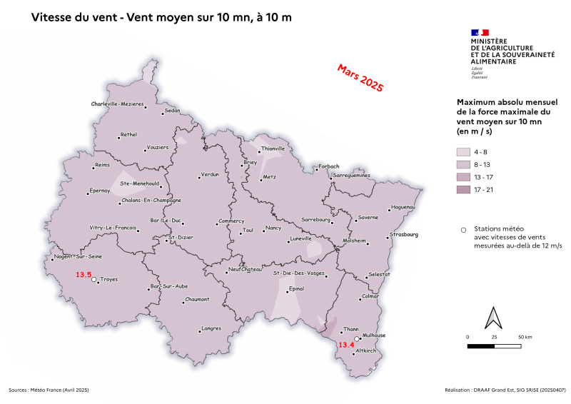 Image 4 : Vent moyen sur 10 mn à 10 m - Maximum absolu mensuel des vents quotidiens - mars 2025