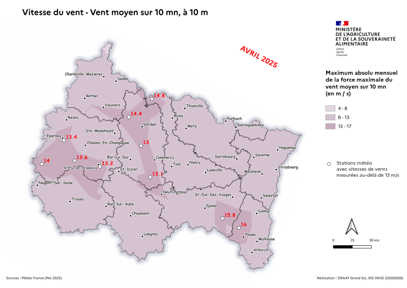 Image 5 : Vent moyen sur 10 mn à 10 m - Maximum absolu mensuel des vents quotidiens - avril 2025
