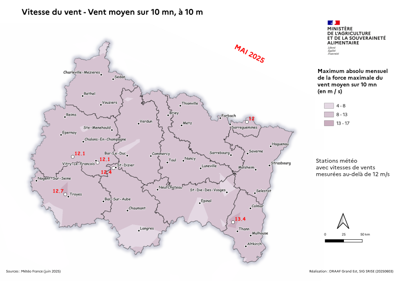 Image 6 : Vent moyen sur 10 mn à 10 m - Maximum absolu mensuel des vents quotidiens - mai 2025