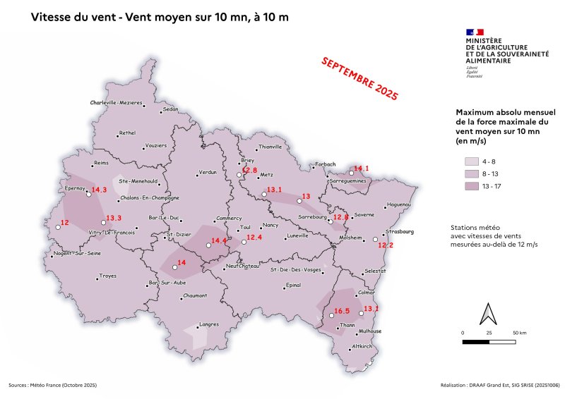 Image 5 : Vent moyen sur 10 mn à 10 m - Maximum absolu mensuel des vents quotidiens - septembre 2025