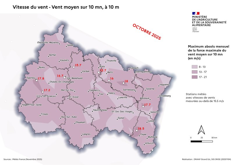 Image 6 : Vent moyen sur 10 mn à 10 m - Maximum absolu mensuel des vents quotidiens - octobre 2025