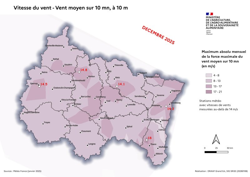 Image 4 : Vent moyen sur 10 mn &agrave; 10 m - Maximum absolu mensuel des vents quotidiens - d&eacute;cembre 2025