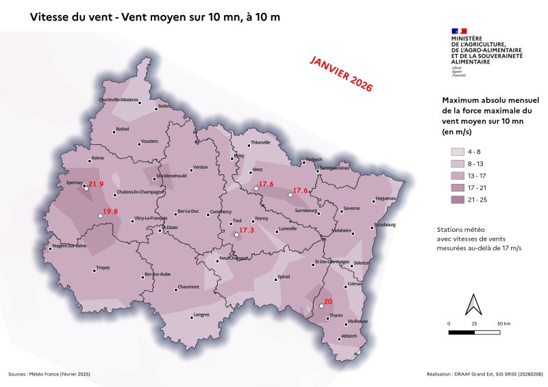 Image 5 : Vent moyen sur 10 mn &agrave; 10 m - Maximum absolu mensuel des vents quotidiens - janvier 2026