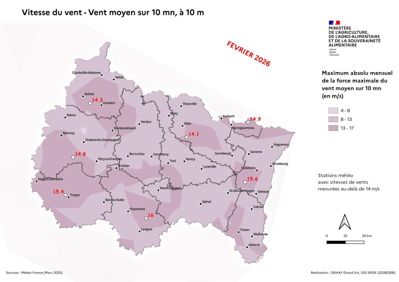 Image 6 : Vent moyen sur 10 mn &agrave; 10 m - Maximum absolu mensuel des vents quotidiens - f&eacute;vrier 2026