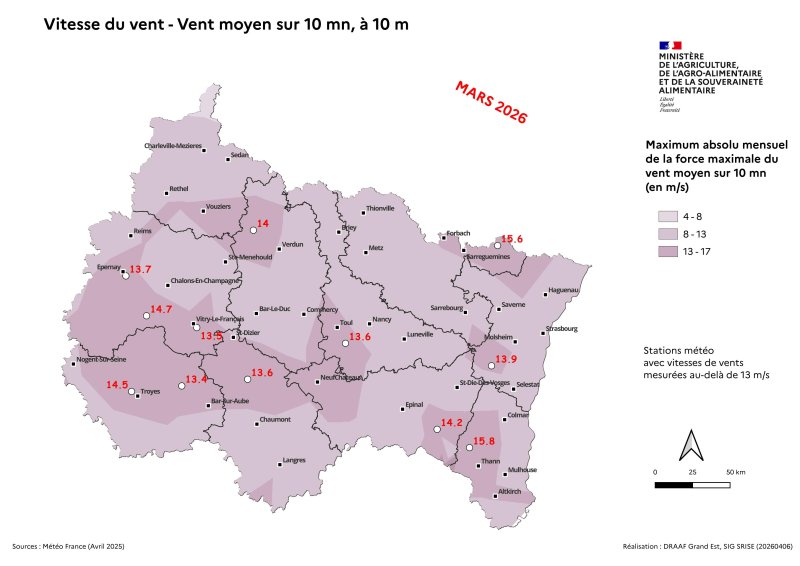 Image 7 : Vent moyen sur 10 mn &agrave; 10 m - Maximum absolu mensuel des vents quotidiens - mars 2026