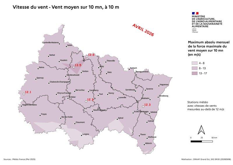 Image 8 : Vent moyen sur 10 mn &agrave; 10 m - Maximum absolu mensuel des vents quotidiens - avril 2026