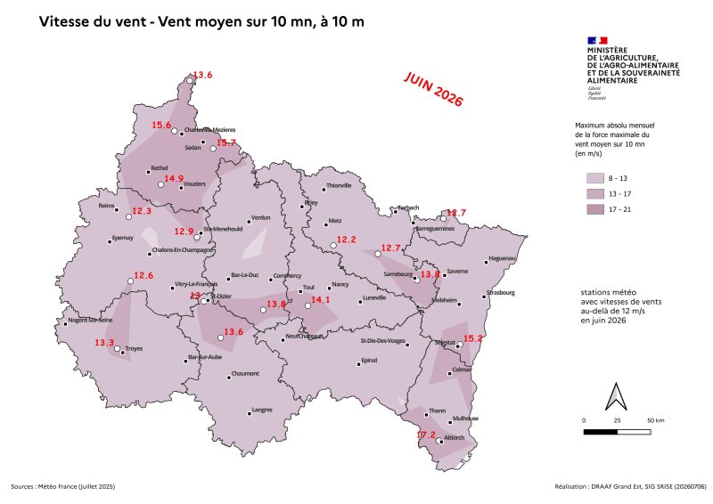 Image 6 : Vent moyen sur 10 mn &agrave; 10 m - Maximum absolu mensuel des vents quotidiens - juin 2026