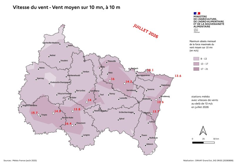 Image 7 : Vent moyen sur 10 mn &agrave; 10 m - Maximum absolu mensuel des vents quotidiens - juillet 2026