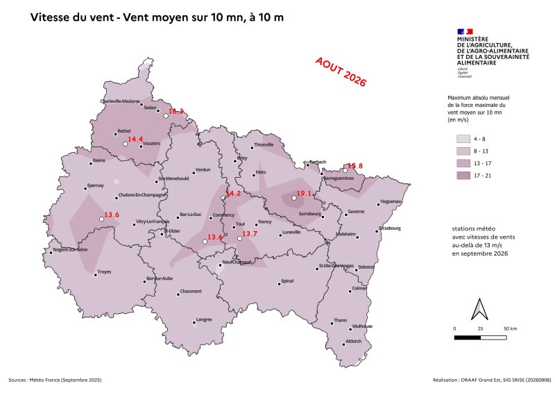 Image 5 : Vent moyen sur 10 mn &agrave; 10 m - Maximum absolu mensuel des vents quotidiens - aout 2026