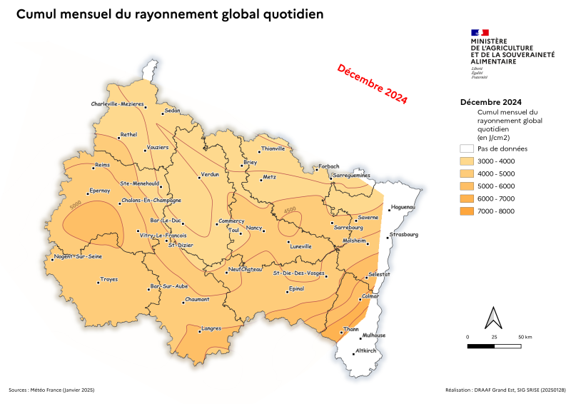 Image 1 : en décembre 2024 dans le Grand Est, le rayonnement est limité à 3000 - 4000 j/cm² au Nord (de Charleville Mézières à Haguenau) à 7000 - 8000 du Plateau de Langres au Sundgau ainsi que dans le Sud Marnais