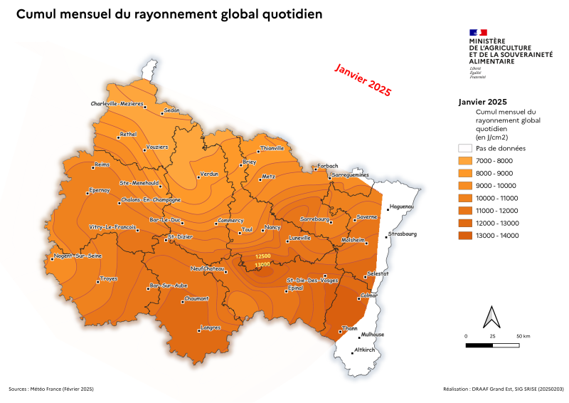 Image 2 : En janvier 2025 dans le Grand Est, le rayonnement oscille entre 7000 j/cm² dans les Ardennes à 12000 voir 14000 dans le Haut-Rhin et la Haute-Marne.