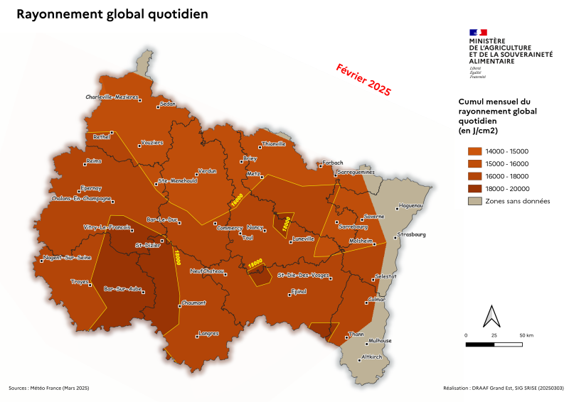 Image 3 : Cumul mensuel du rayonnement global quotidien - février 2025