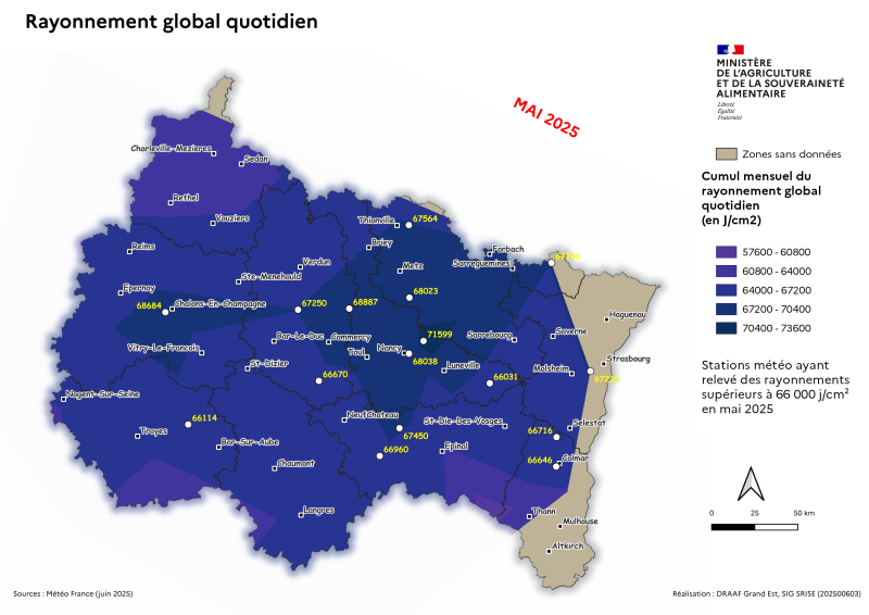 Image 6 : Cumul mensuel du rayonnement global quotidien - mai 2025