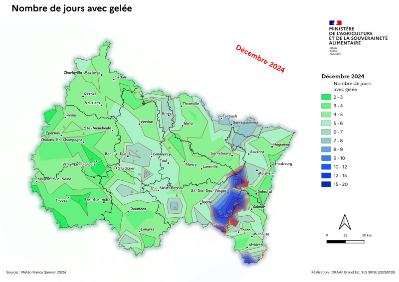 Image 1 : En décembre 2024 dans le Grand Est, c'est une période où alternent douceur et jours froids. Ces derniers sont toutefois limités (dans l'ensemble on compte 2 à 6 j de gelées sur le mois).