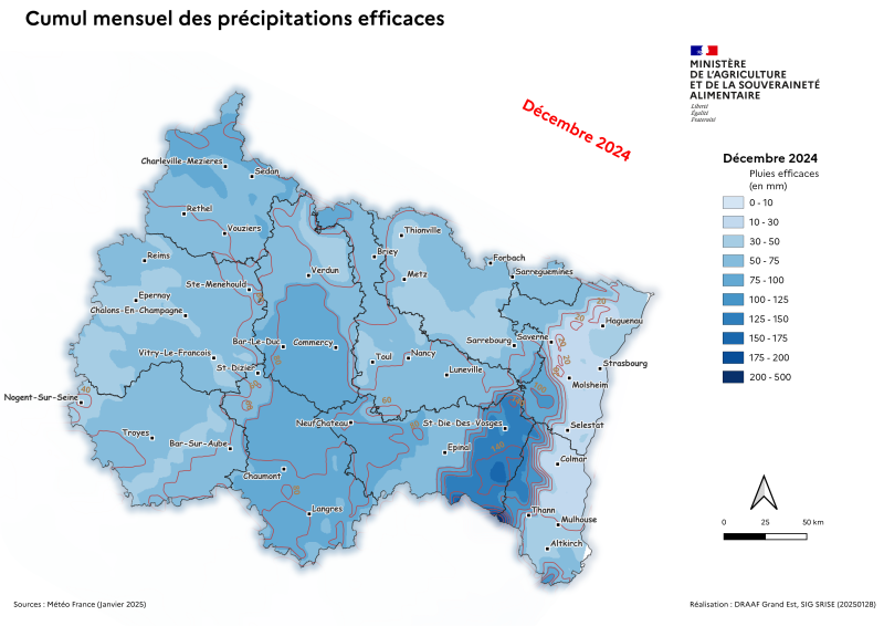 Image 1 : En décembre 2024, les précipitations efficaces correspondent aux précipitations mensuelles. Le sol apparait très humide et les pluie incidente génère très rapidement écoulement et ruissellement.