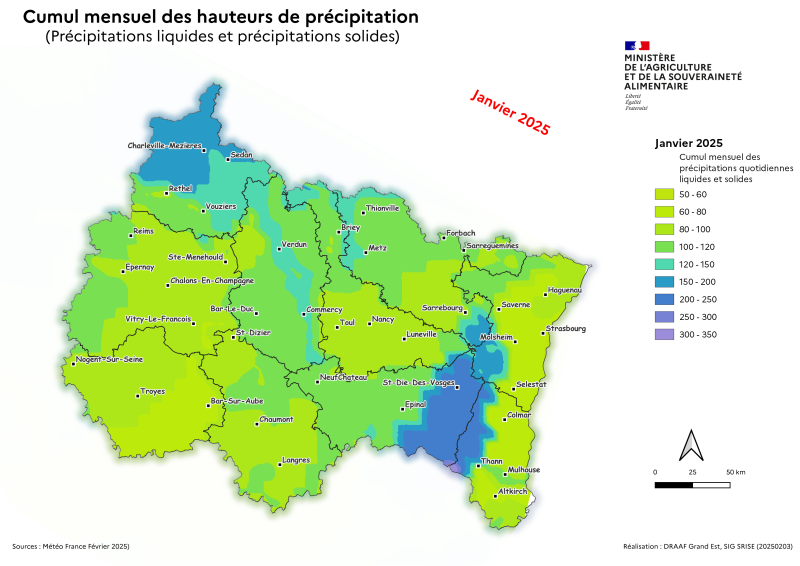 Image 2 : En janvier 2025 dans le Grand Est, précipitations pluvieuses plus importantes avec un important épisode neigeux sur les crêtes vosgiennes en début de mois.