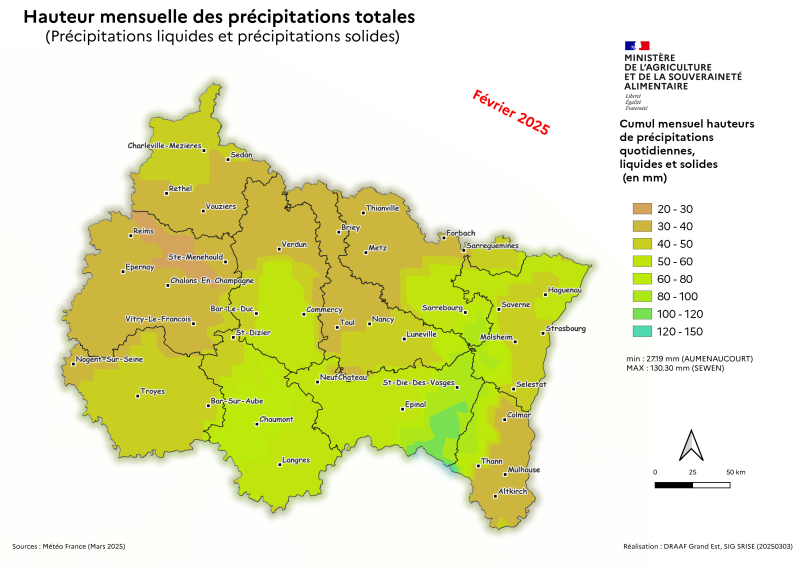 Image 3 : Cumul mensuel des hauteurs de précipitations totales - février 2025