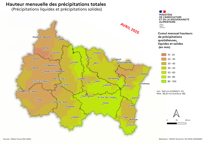 Image 5 : Cumul mensuel des hauteurs de précipitations totales - avril 2025
