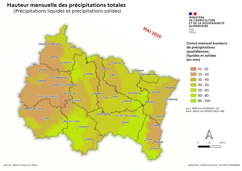 Image 6 : Cumul mensuel des hauteurs de précipitations totales - mai 2025