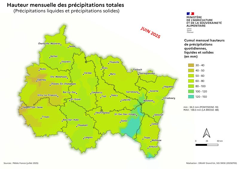 Image 7 : Cumul mensuel des hauteurs de précipitations totales - juin 2025