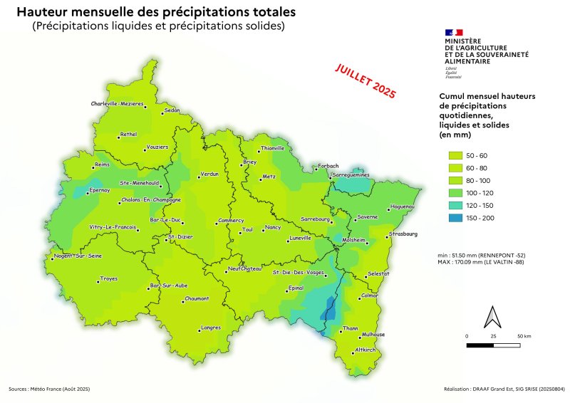 Image 3 : Cumul mensuel des hauteurs de précipitations totales - juillet 2025