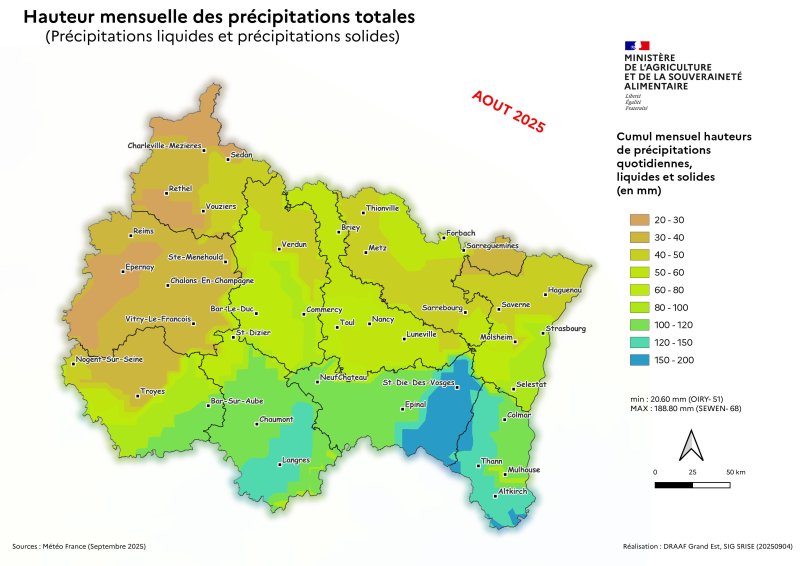 Image 4 : Cumul mensuel des hauteurs de précipitations totales - août 2025