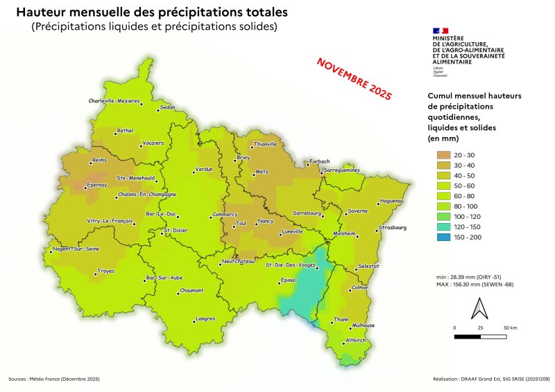 Image 3 : Cumul mensuel des hauteurs de pr&eacute;cipitations totales - novembre 2025