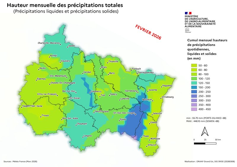 Image 6 : Cumul mensuel des hauteurs de pr&eacute;cipitations totales -f&eacute;vrier 2026