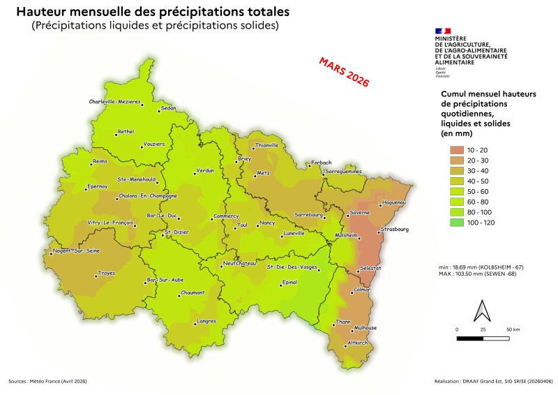 Image 7 : Cumul mensuel des hauteurs de pr&eacute;cipitations totales - mars 2026