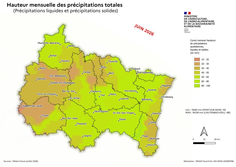Image 6 : Cumul mensuel des hauteurs de pr&eacute;cipitations totales - juin 2026