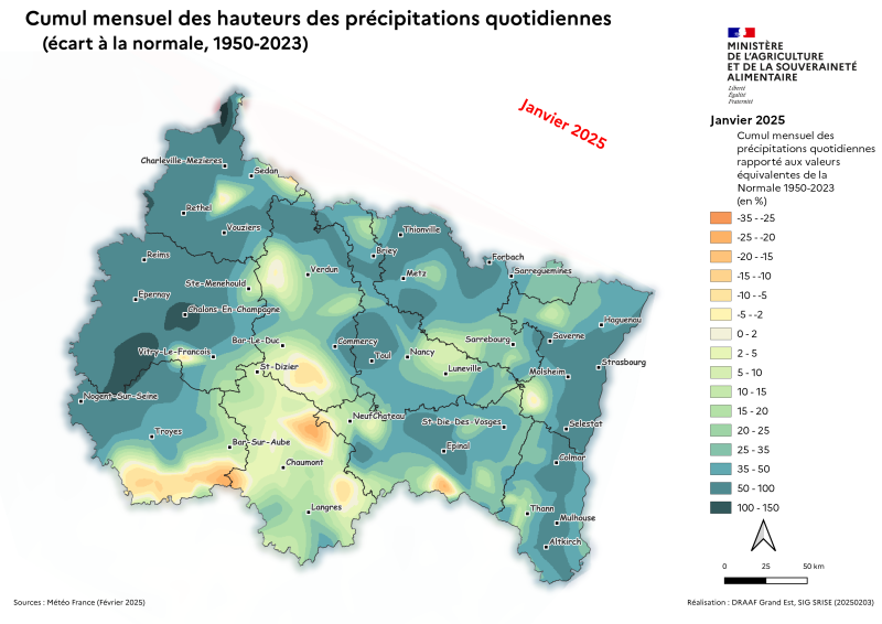 Image 2 : Les précipitations moyennes mensuelles en janvier 2025 dans le Grand Est sont bien supérieures à celles de la Normale principalement dans les grandes plaines et plateaux agricoles (en moyenne autour des +50%)