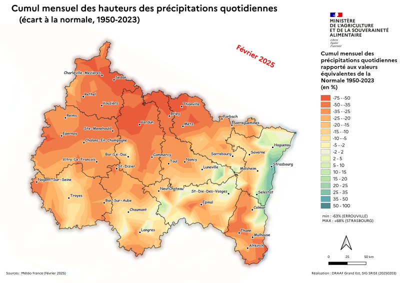 Image 3 : Cumul mensuel des précipitations quotidiennes - écart à la Normale - février 2025