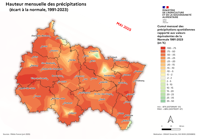 Image 6 : Hauteur mensuelle des précipitations (écart à la Normale, 1991 - 2023) - mai 2025