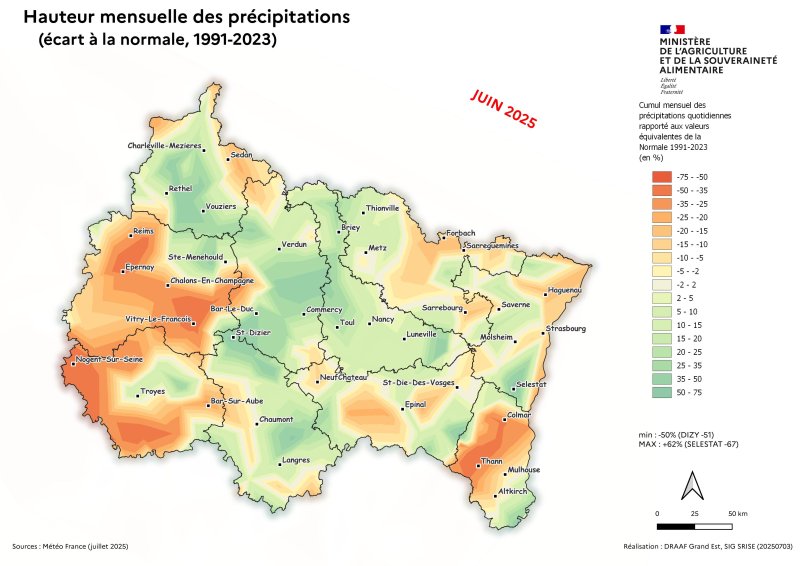 Image 2 : Hauteur mensuelle des précipitations (écart à la Normale, 1991 - 2023) - juin 2025