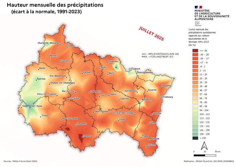 Image 3 : Hauteur mensuelle des précipitations (écart à la Normale, 1991 - 2023) - juillet 2025
