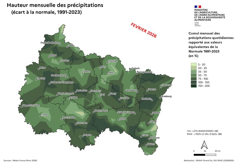 Image 6 : Hauteur mensuelle des pr&eacute;cipitations (&eacute;cart &agrave; la Normale, 1991 - 2023) - f&eacute;vrier 2026