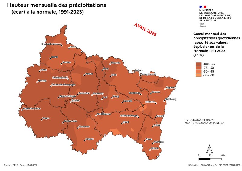 Image 8 : Hauteur mensuelle des pr&eacute;cipitations (&eacute;cart &agrave; la Normale, 1991 - 2023) - avril 2026