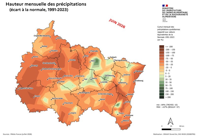 Image 6 : Hauteur mensuelle des pr&eacute;cipitations (&eacute;cart &agrave; la Normale, 1991 - 2023) - juin 2026