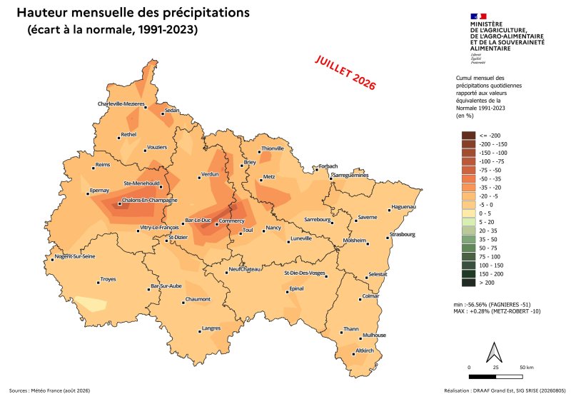 Image 7 : Hauteur mensuelle des pr&eacute;cipitations (&eacute;cart &agrave; la Normale, 1991 - 2023) - juillet 2026