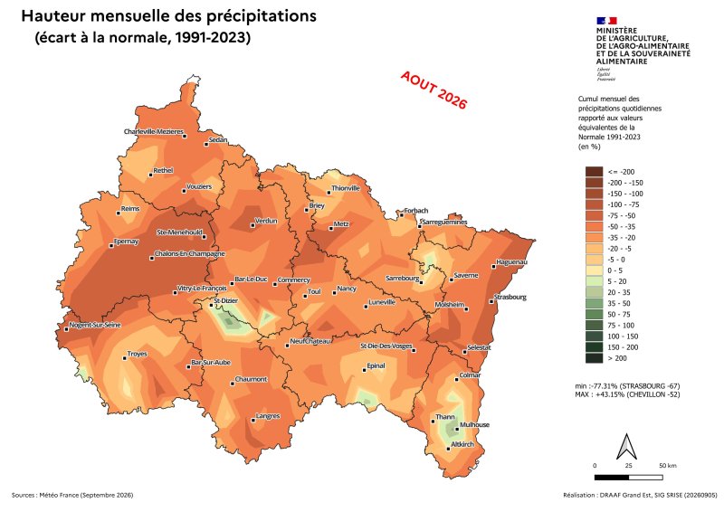Image 5 : Hauteur mensuelle des pr&eacute;cipitations (&eacute;cart &agrave; la Normale, 1991 - 2023) - aout 2026