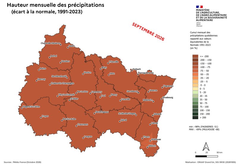 Image 6 : Hauteur mensuelle des pr&eacute;cipitations (&eacute;cart &agrave; la Normale, 1991 - 2023) - septembre 2026