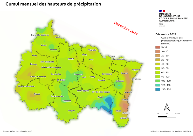 Image 1 : En décembre 2024, effet de foehn dans la plaine d'Alsace générant le pic de précipitations en contre-bas des crêtes vosgiennes. En moyenne pour ce mois dans le Grand Est, on enregistre 50 à 80 mm.