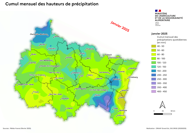 Image 2 : En janvier 2025, effet de foehn renforcé dans la plaine d'Alsace générant le pic de précipitations en contre-bas des crêtes vosgiennes (plus 400 mm). Au nord d'un axe Epernay - Commercy - Thionville, précipitations plus importantes (120 à 150 mm) alors qu'au Sud elles varient de 50 à 80 mm.