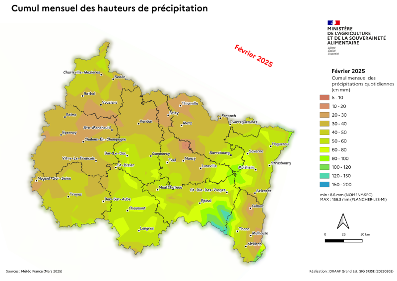 Image 3 : Cumul mensuel des hauteurs de précipitations - février 2025