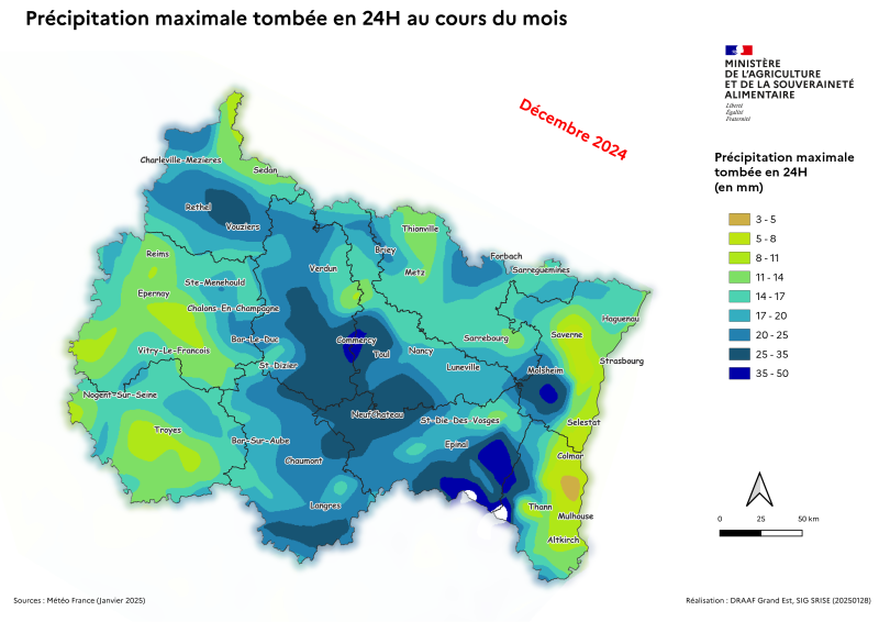 Image 1 : On trouve ces précipitations maximales en décembre 2024 sur l'axe Rethel - Commercy - Epinal avec des volumes pluviométriques en 24h de30 à 50 mm.