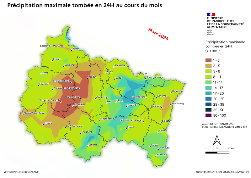 Image 4 : Précipitation maximale tombée en 24H en mars 2025