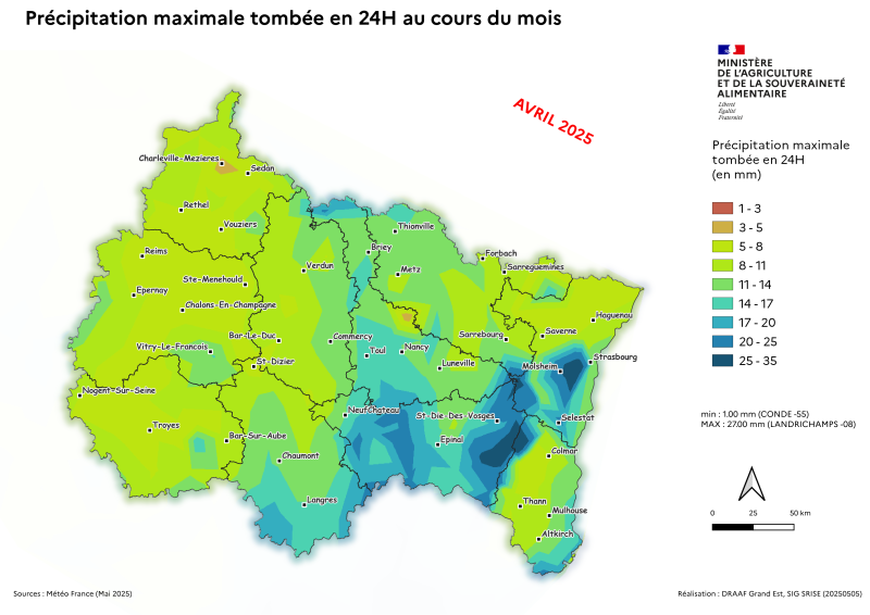 Image 5 : Précipitation maximale tombée en 24H en avril 2025