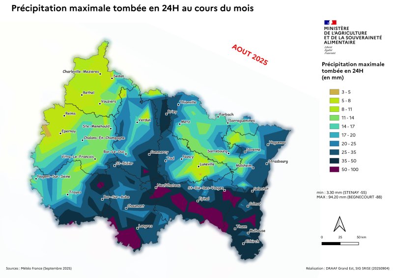 Image 4 : Précipitation maximale tombée en 24H en août 2025
