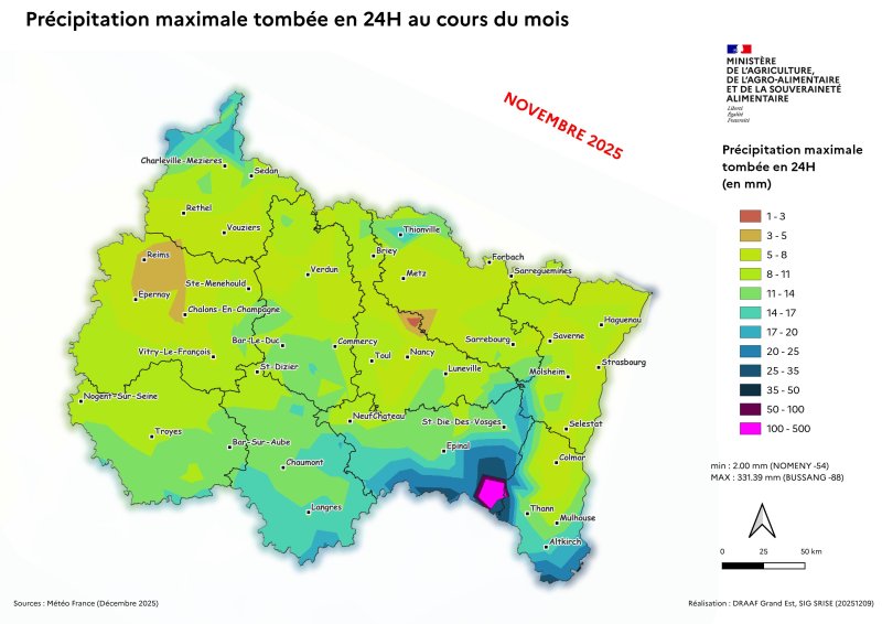 Image 7 : Pr&eacute;cipitation maximale tomb&eacute;e en 24H en novembre 2025