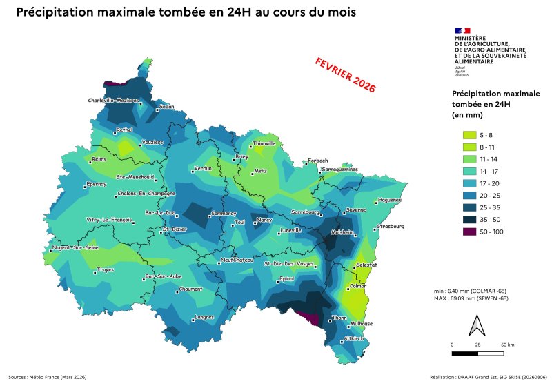 Image 6 : Pr&eacute;cipitation maximale tomb&eacute;e en 24H en f&eacute;vrier 2026